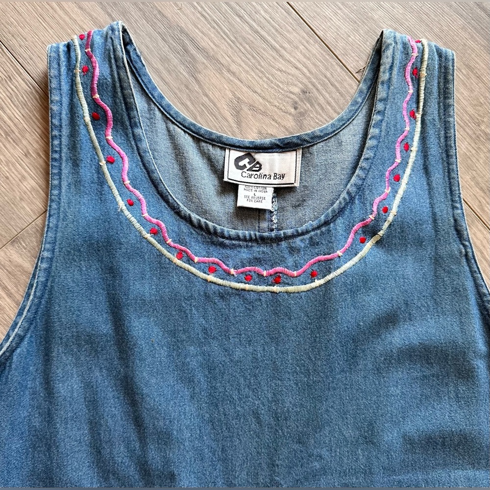 L Carolina bay denim blue jean vintage jumper dress embroidered cottage 90s maxi - Picture 5 of 7